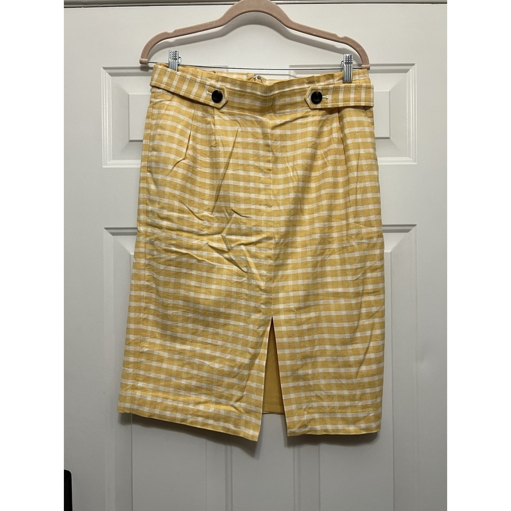 Ann Taylor Pencil Skirt 8 Gingham  Seersucker Belted Business Casual Knee Yellow